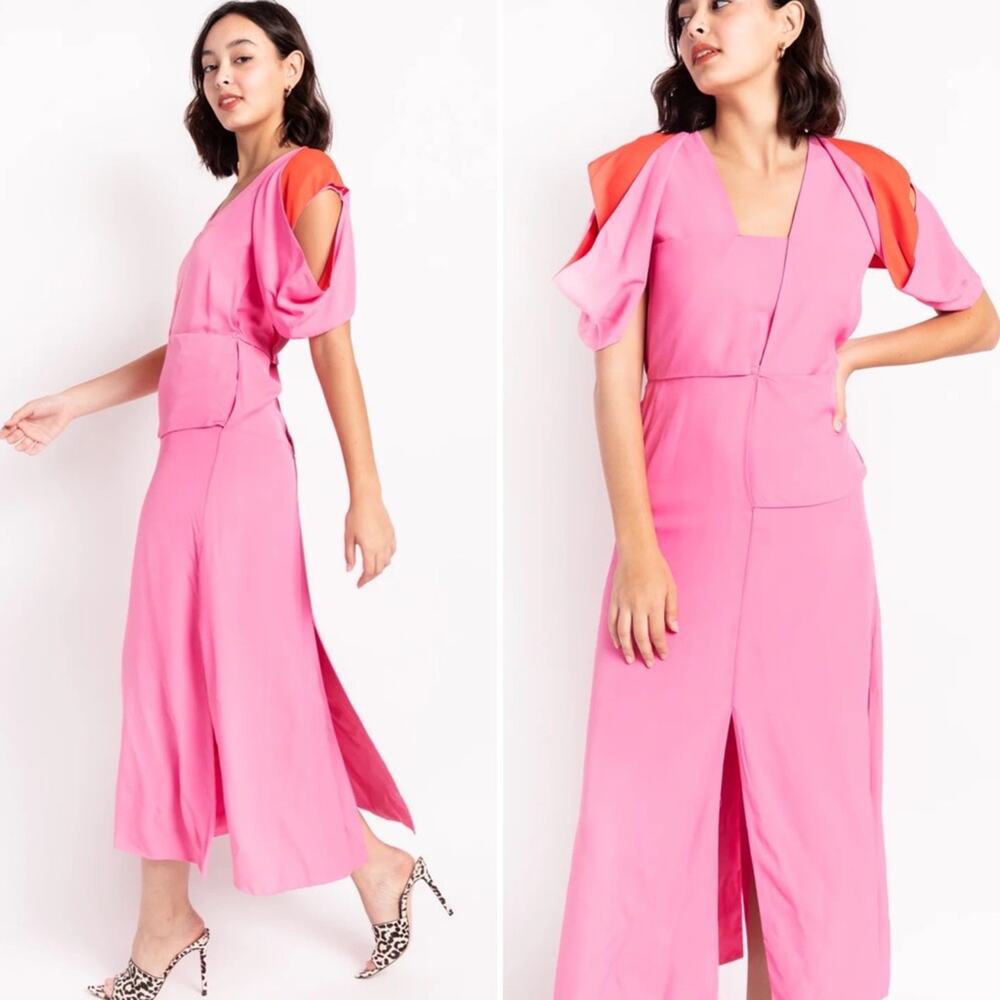 BOTTEGA VENETA Pink and Red Paneled Layered Cutout Maxi Dress Slits Size 6 NEW